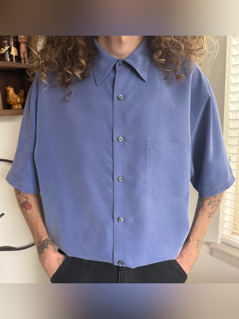 Vintage 80s 90s Periwinkle S/S Rayon Button Down Shirt Minimalist ~ Size Large